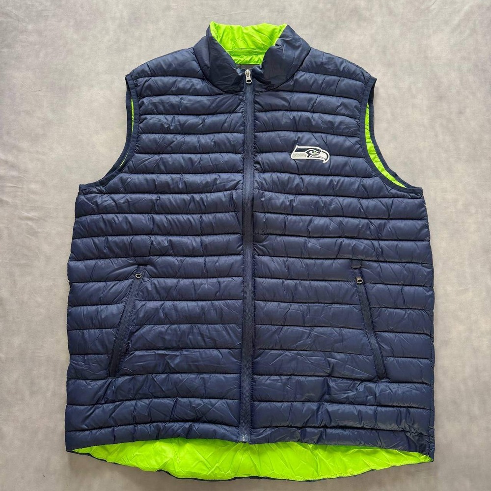 NFL Seattle Seahawks Puffer Vest Mens XL Navy Blue Action Green Full Zip Quilted